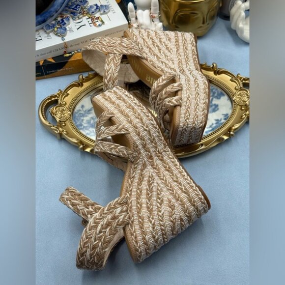 🆕 GIANNI BINI 🧿 NWOB Santi Woven Beaded Wedge Sandal - Neutral Woven Sz US 7 - Picture 13 of 16